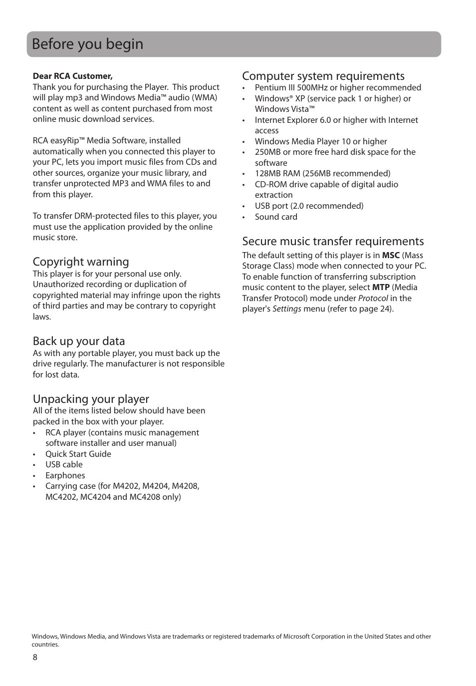 Before you begin, Copyright warning, Back up your data | Unpacking your player, Computer system requirements, Secure music transfer requirements | RCA m4204 User Manual | Page 8 / 29