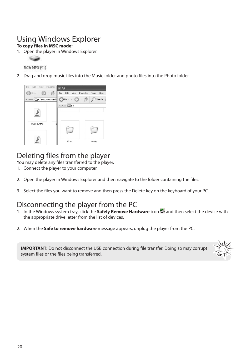 Deleting files from the player, Disconnecting the player from the pc, Using windows explorer | RCA M63 User Manual | Page 21 / 45