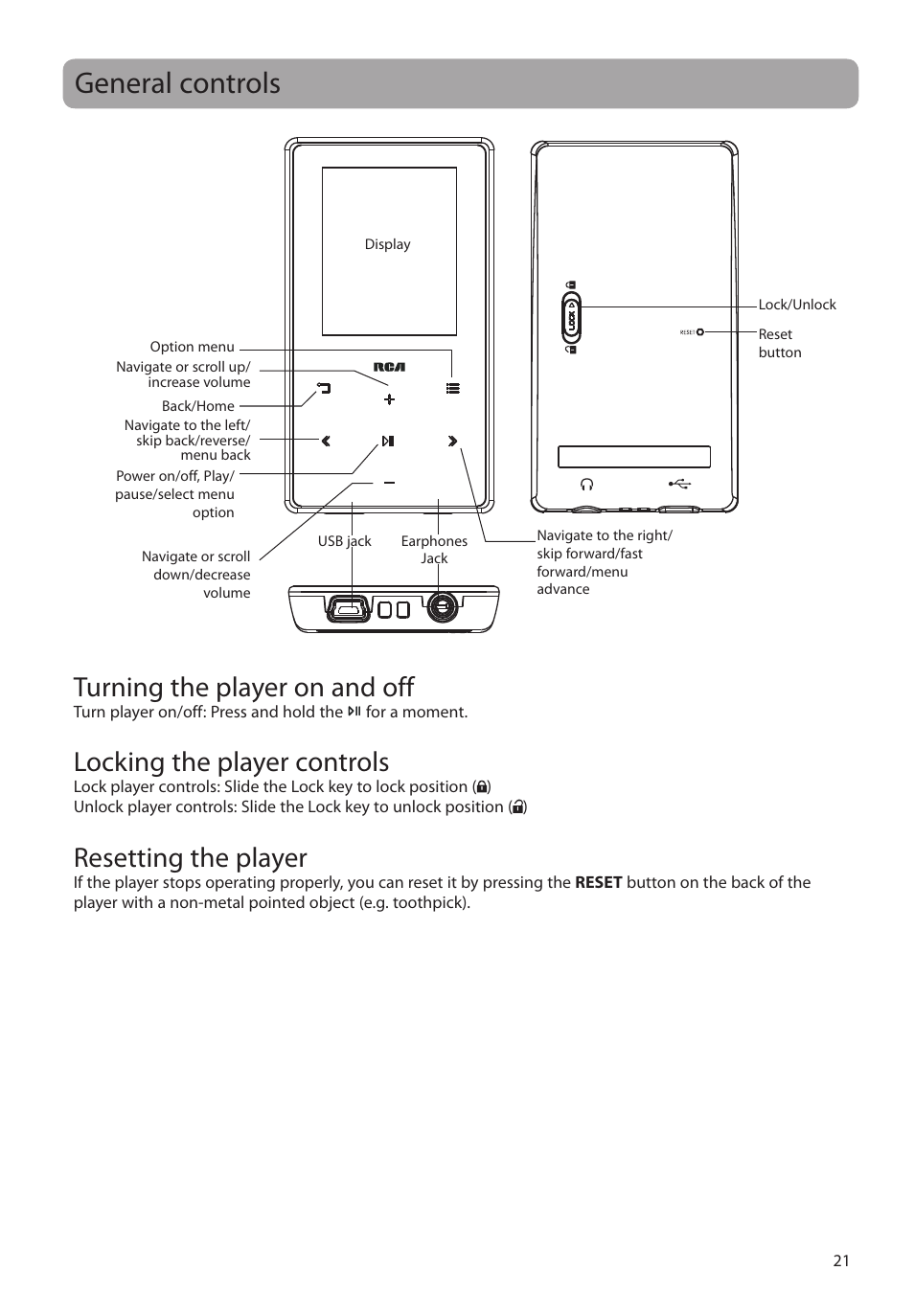 General controls, Turning the player on and off, Locking the player controls | Resetting the player | RCA M63 User Manual | Page 22 / 45
