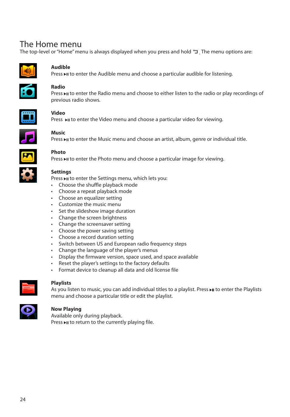 The home menu | RCA M63 User Manual | Page 25 / 45