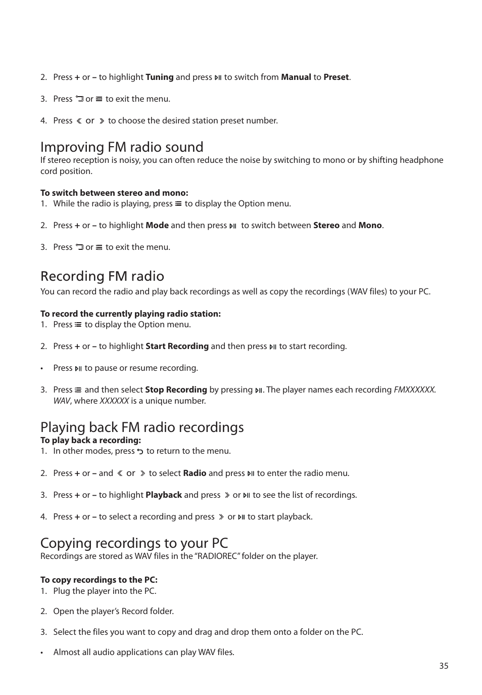 Improving fm radio sound, Playing back fm radio recordings, Copying recordings to your pc | Recording fm radio | RCA M63 User Manual | Page 36 / 45