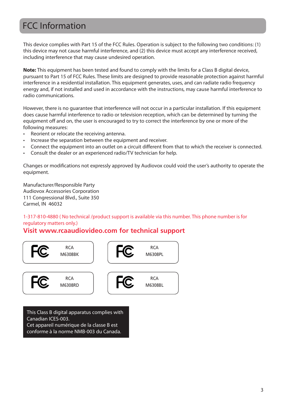 Fcc information | RCA M63 User Manual | Page 4 / 45