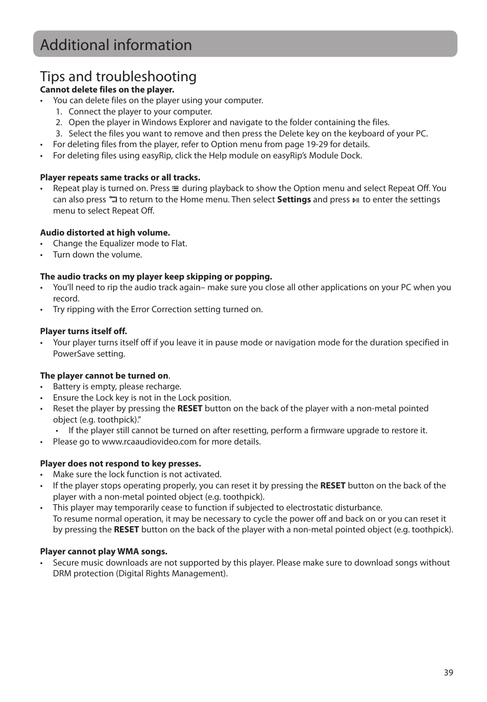 Additional information, Tips and troubleshooting | RCA M63 User Manual | Page 40 / 45