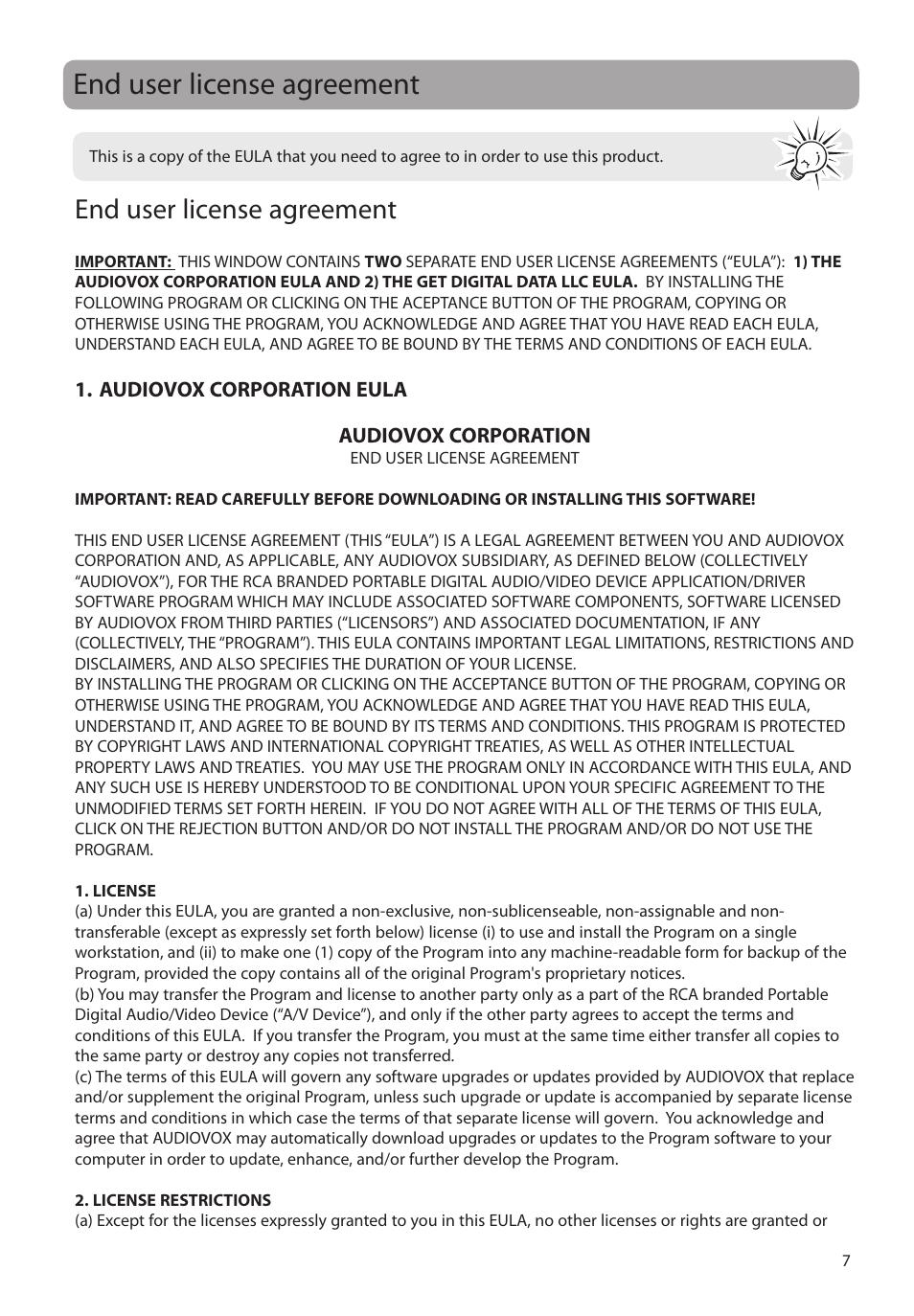 End user license agreement | RCA M63 User Manual | Page 8 / 45