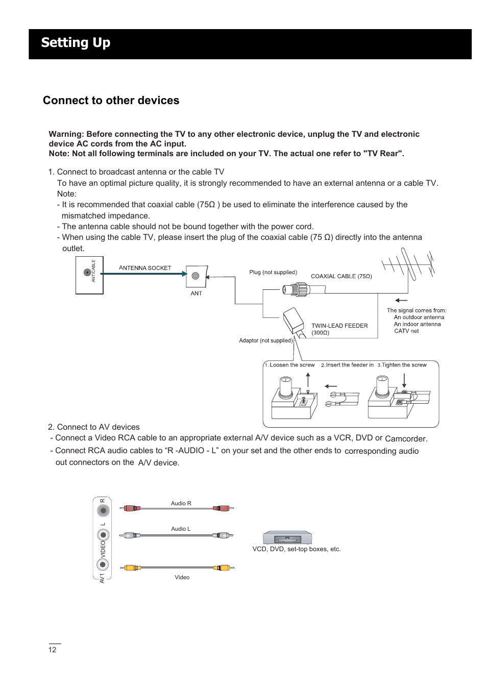 Setting up, Connect to other devices | RCA LED42A55RS User Manual | Page 13 / 32
