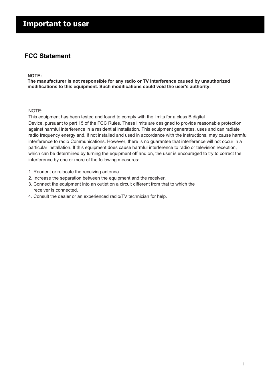 Important to user, Fcc statement | RCA LED42A55RS User Manual | Page 2 / 32