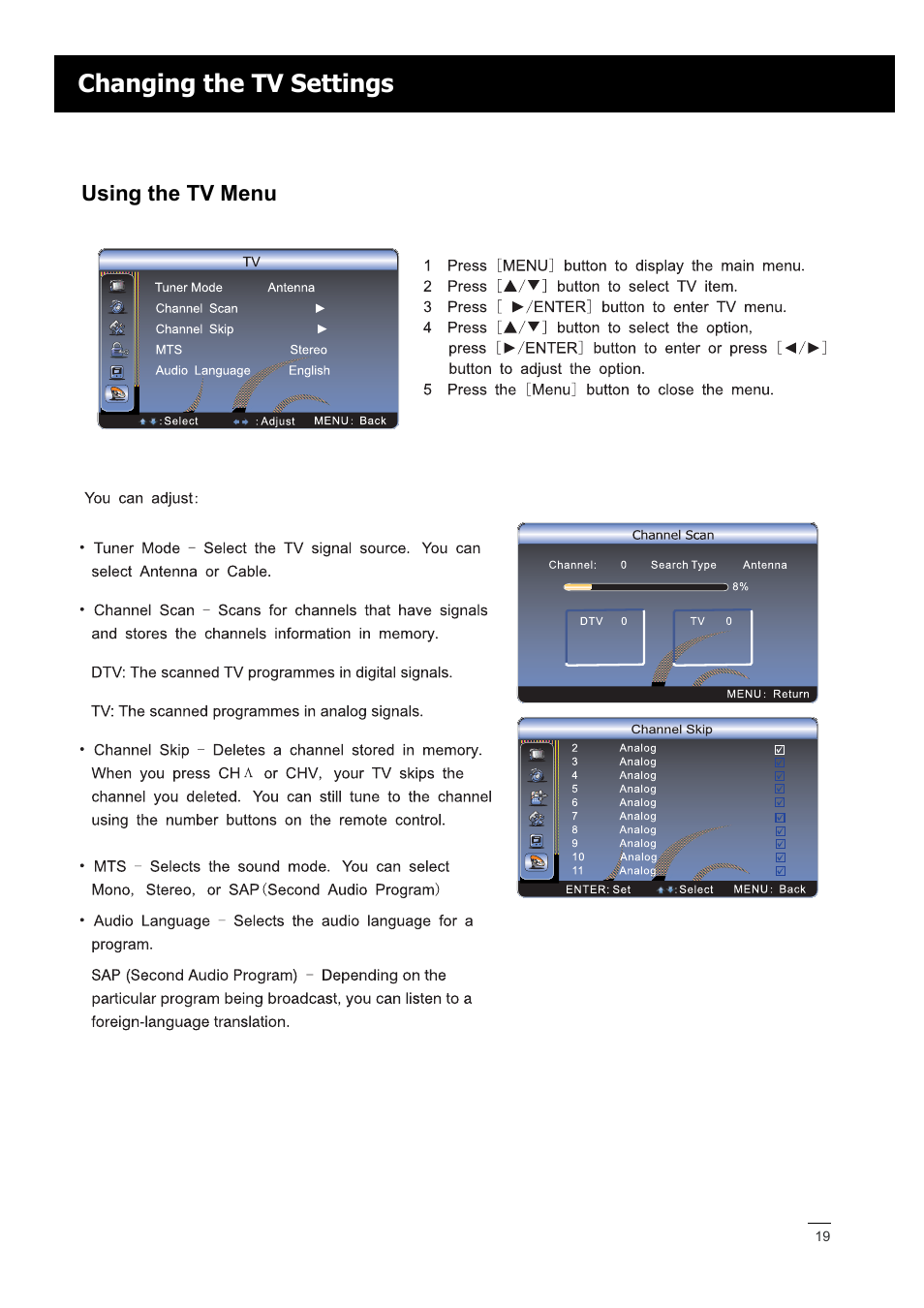 Changing the tv settings | RCA LED42A55RS User Manual | Page 20 / 32