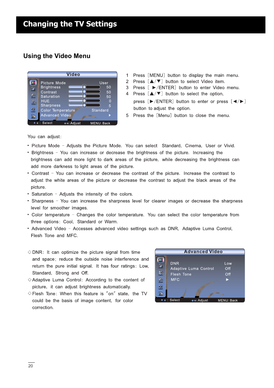 Changing the tv settings | RCA LED42A55RS User Manual | Page 21 / 32