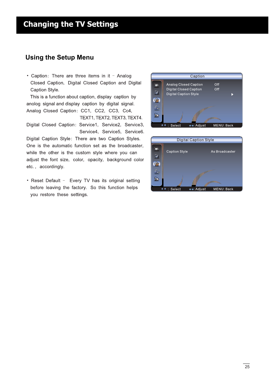 Changing the tv settings | RCA LED42A55RS User Manual | Page 26 / 32