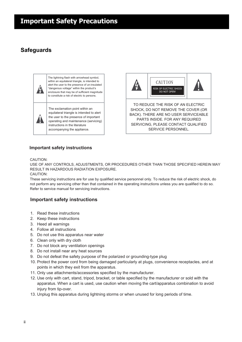 Important safety precautions, Safeguards, Important safety instructions | RCA LED42A55RS User Manual | Page 3 / 32