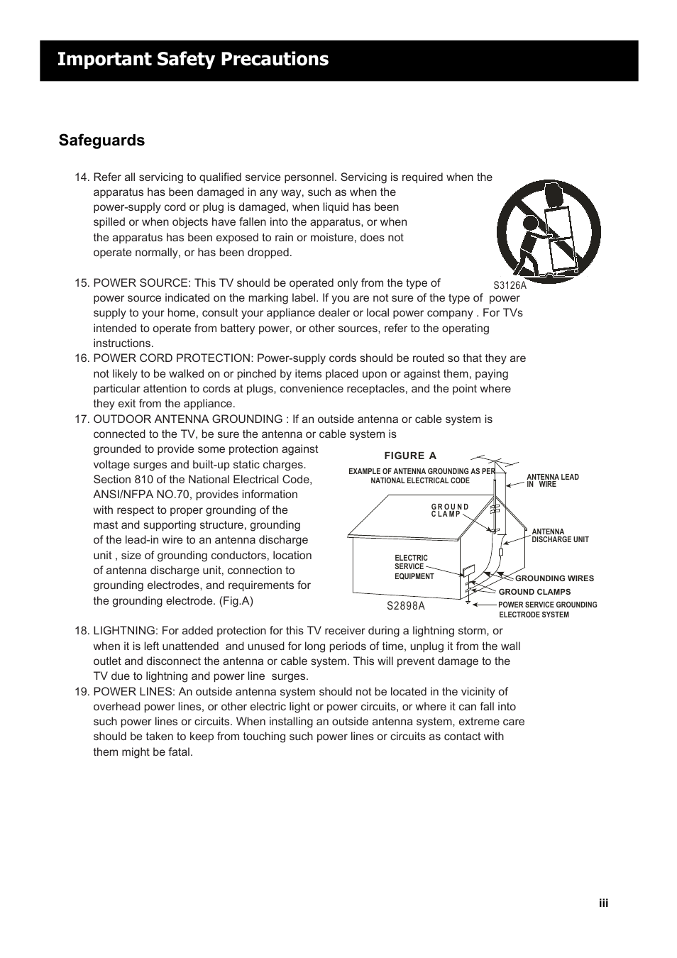 Important safety precautions, Safeguards | RCA LED42A55RS User Manual | Page 4 / 32