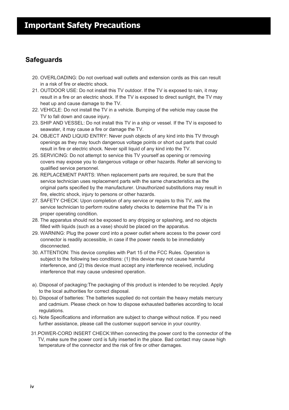 Important safety precautions, Safeguards | RCA LED42A55RS User Manual | Page 5 / 32