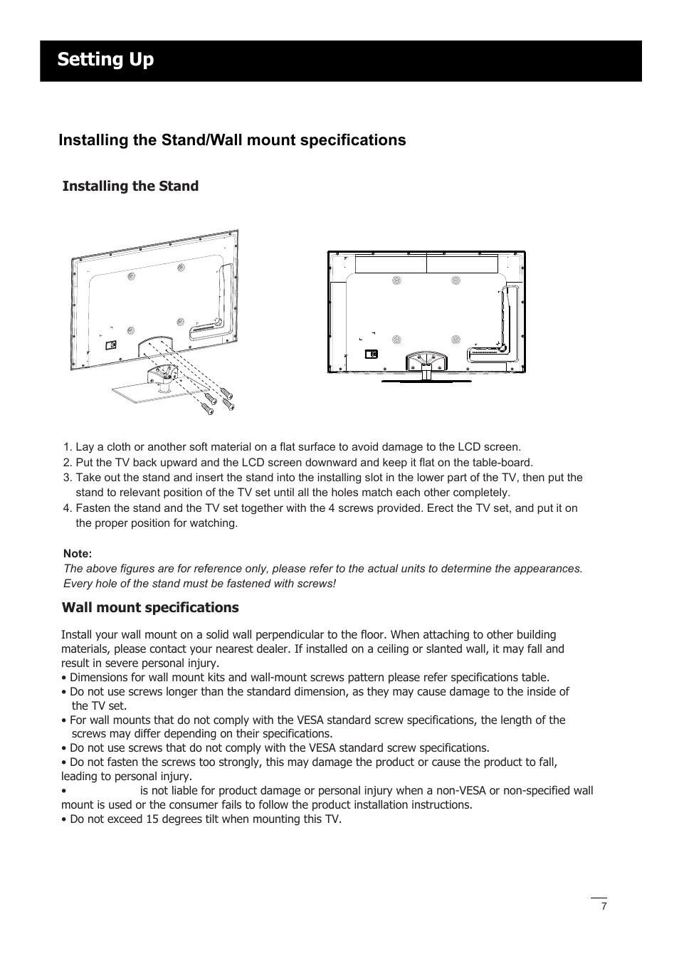Setting up, Installing the stand/wall mount specifications | RCA LED42A55RS User Manual | Page 8 / 32