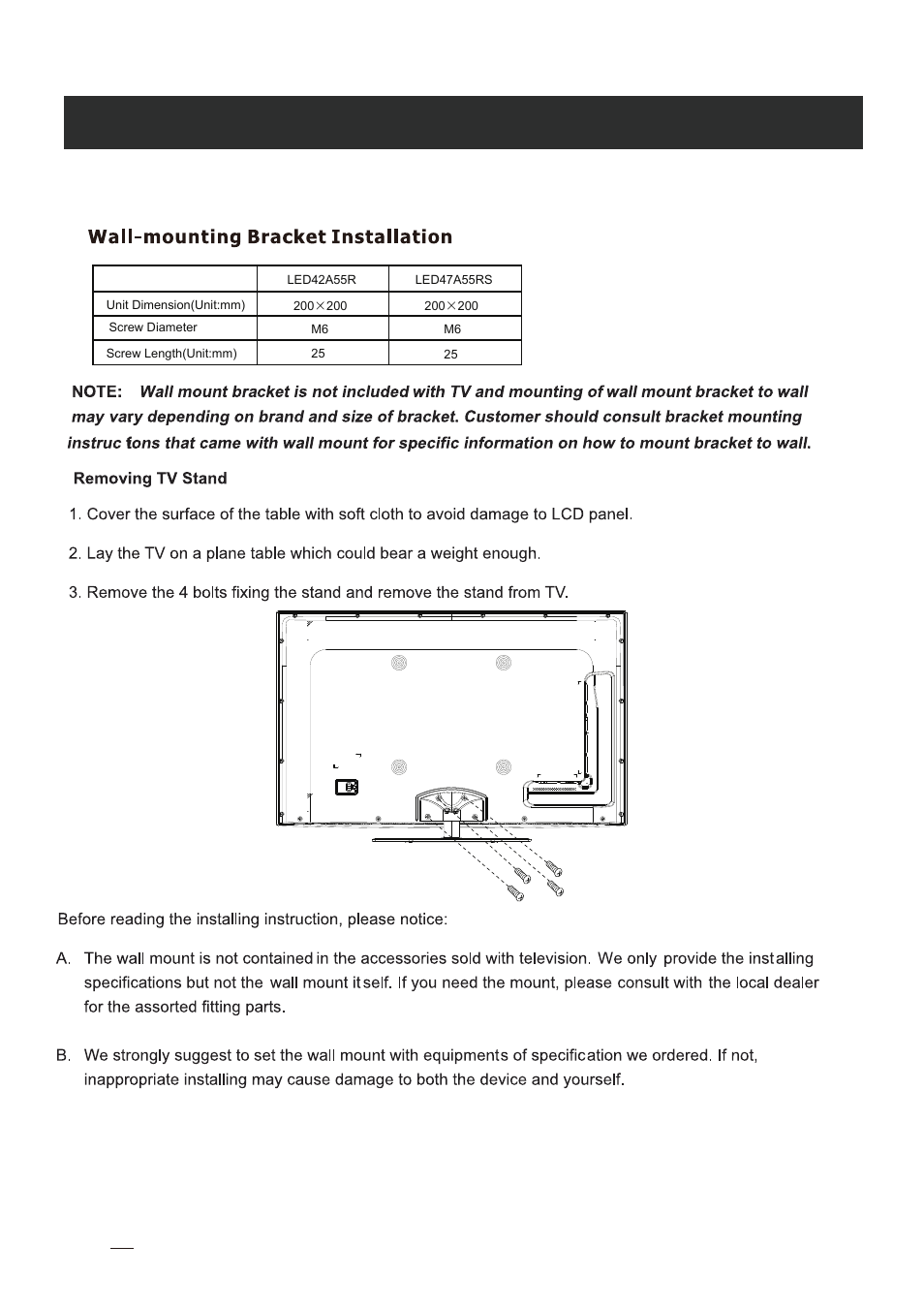 Setting up wall mount | RCA LED42A55RS User Manual | Page 9 / 32