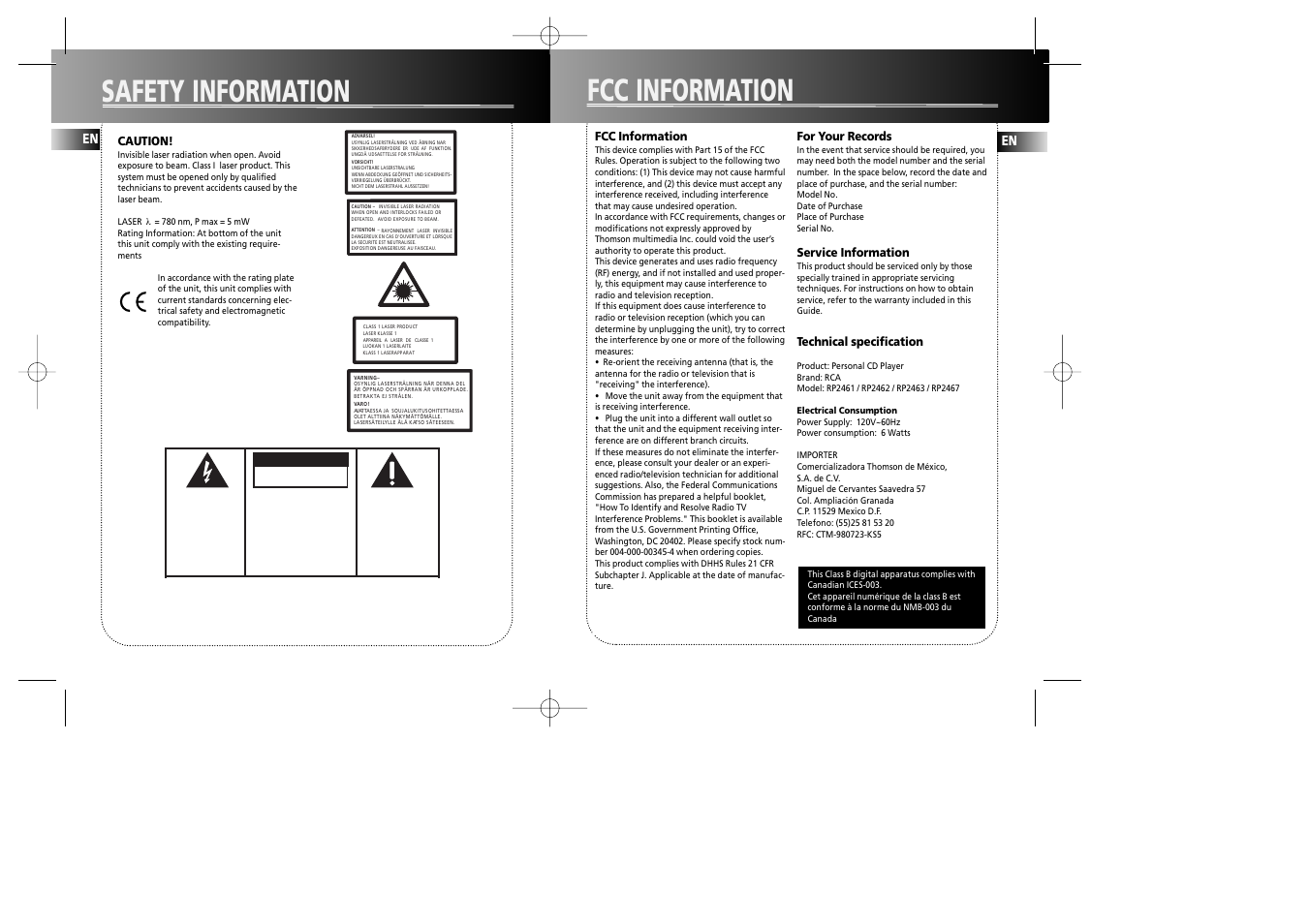 Fcc information safety information, Caution | RCA RP2467 User Manual | Page 2 / 9