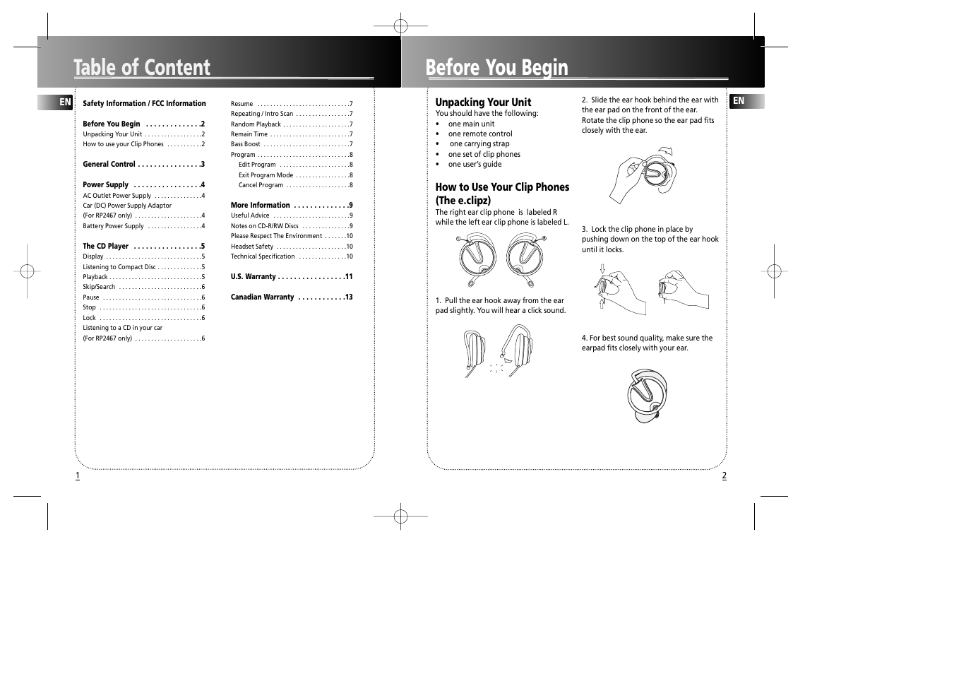 Table of content, Before you begin, Unpacking your unit | How to use your clip phones (the e.clipz) | RCA RP2467 User Manual | Page 3 / 9