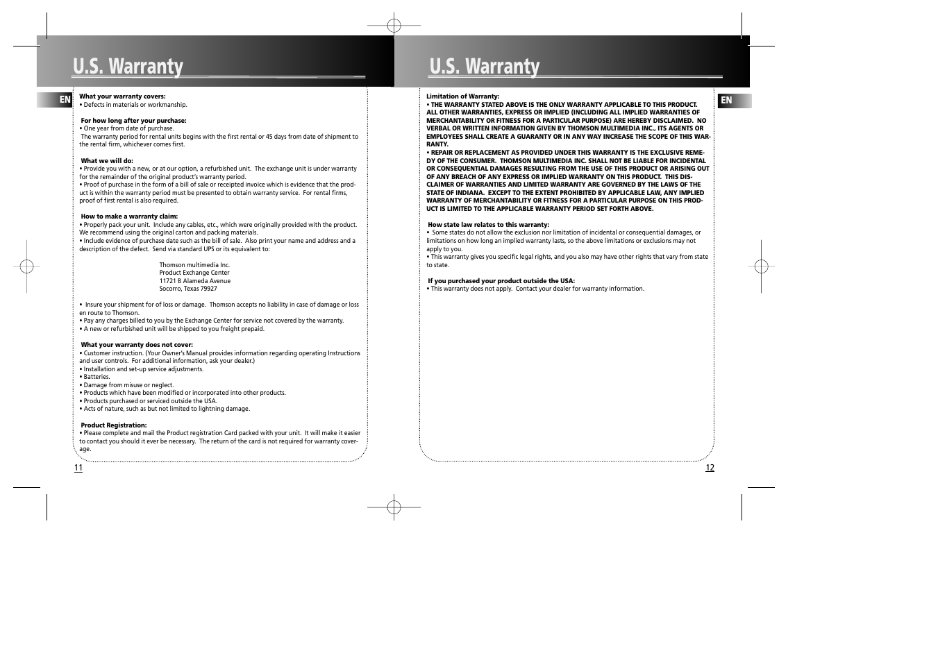 U.s. warranty | RCA RP2467 User Manual | Page 8 / 9