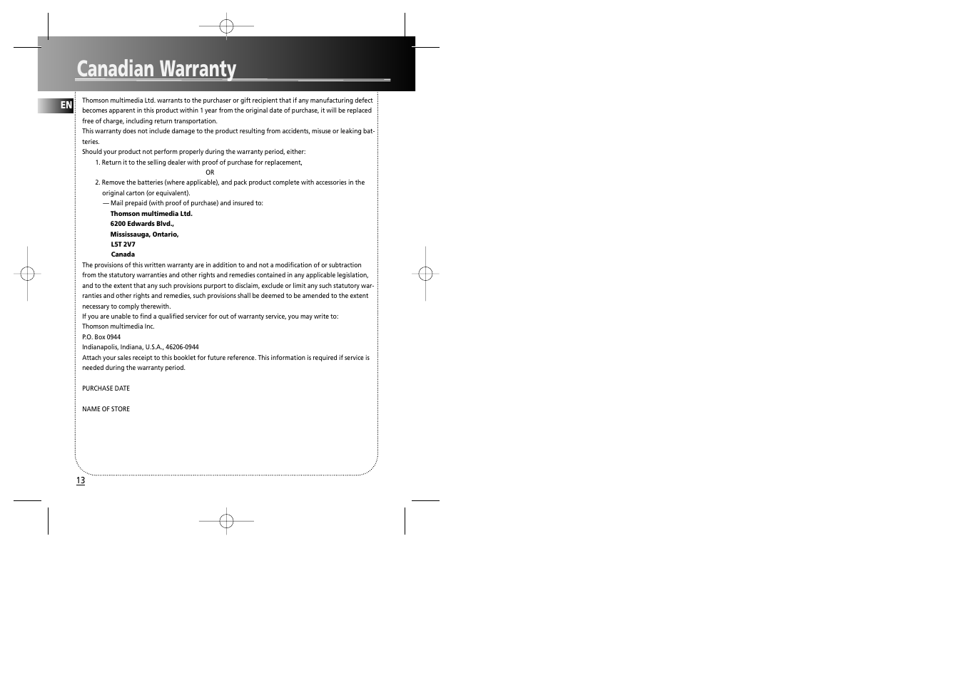 Canadian warranty | RCA RP2467 User Manual | Page 9 / 9