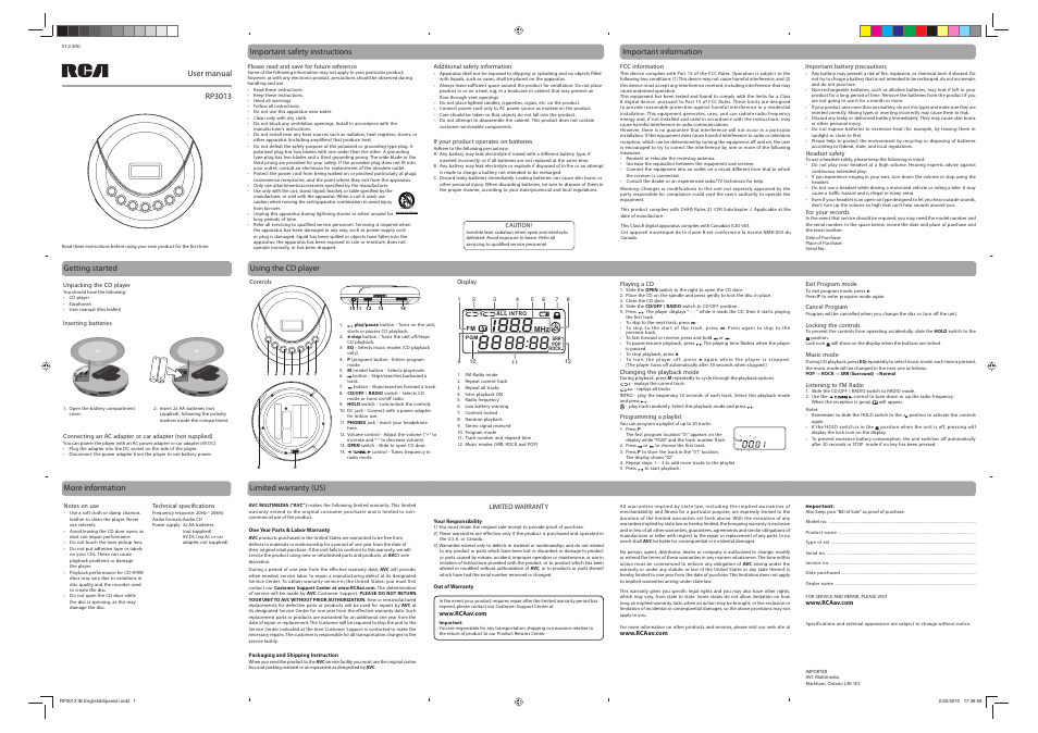 RCA RP3013 User Manual | 1 page