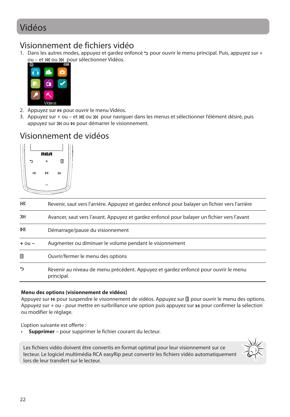 Vidéos, Visionnement de fichiers vidéo, Visionnement de vidéos | RCA M39 series User Manual | Page 100 / 116