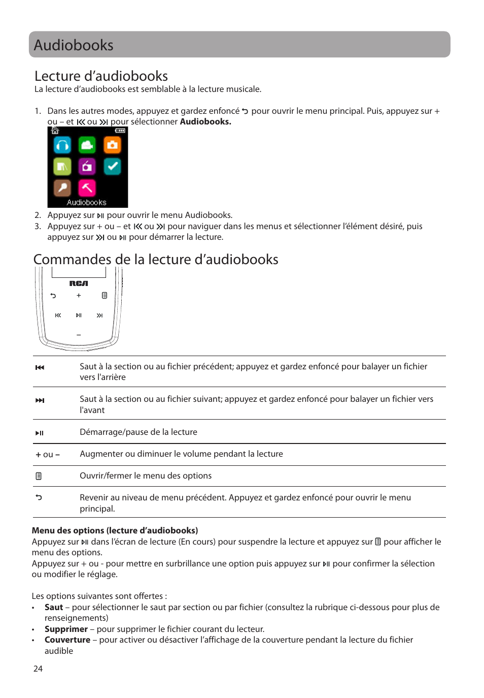 Audiobooks, Lecture d’audiobooks, Commandes de la lecture d’audiobooks | RCA M39 series User Manual | Page 102 / 116