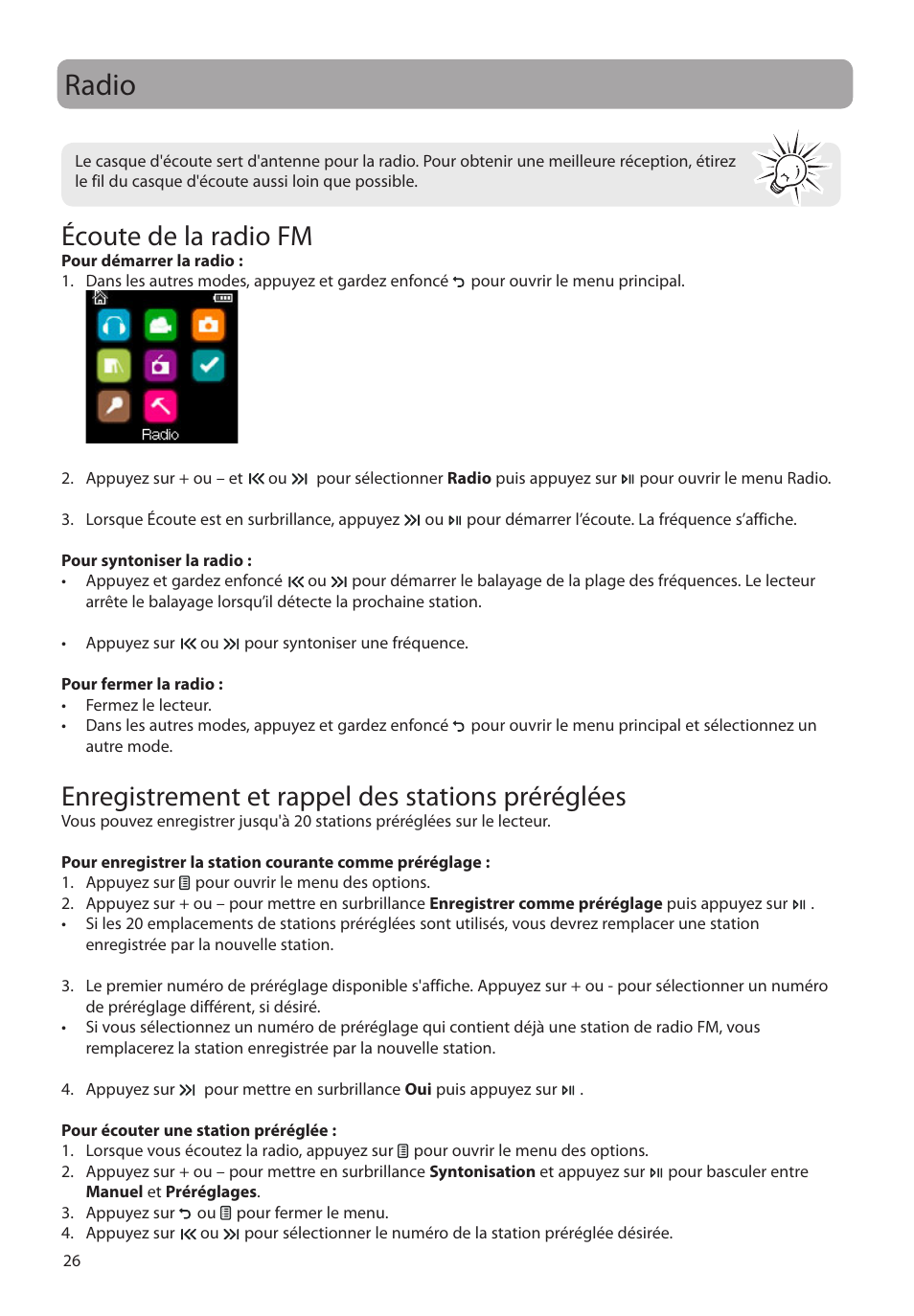 Radio, Écoute de la radio fm, Enregistrement et rappel des stations préréglées | RCA M39 series User Manual | Page 104 / 116