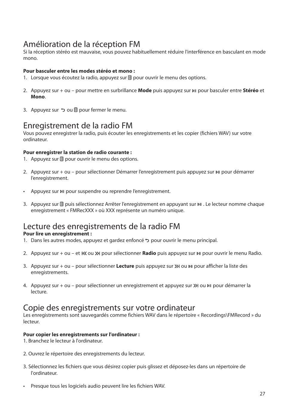 Amélioration de la réception fm, Enregistrement de la radio fm, Lecture des enregistrements de la radio fm | Copie des enregistrements sur votre ordinateur | RCA M39 series User Manual | Page 105 / 116