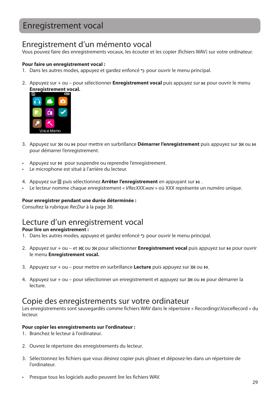 Enregistrement vocal, Enregistrement d’un mémento vocal, Lecture d’un enregistrement vocal | Copie des enregistrements sur votre ordinateur | RCA M39 series User Manual | Page 107 / 116