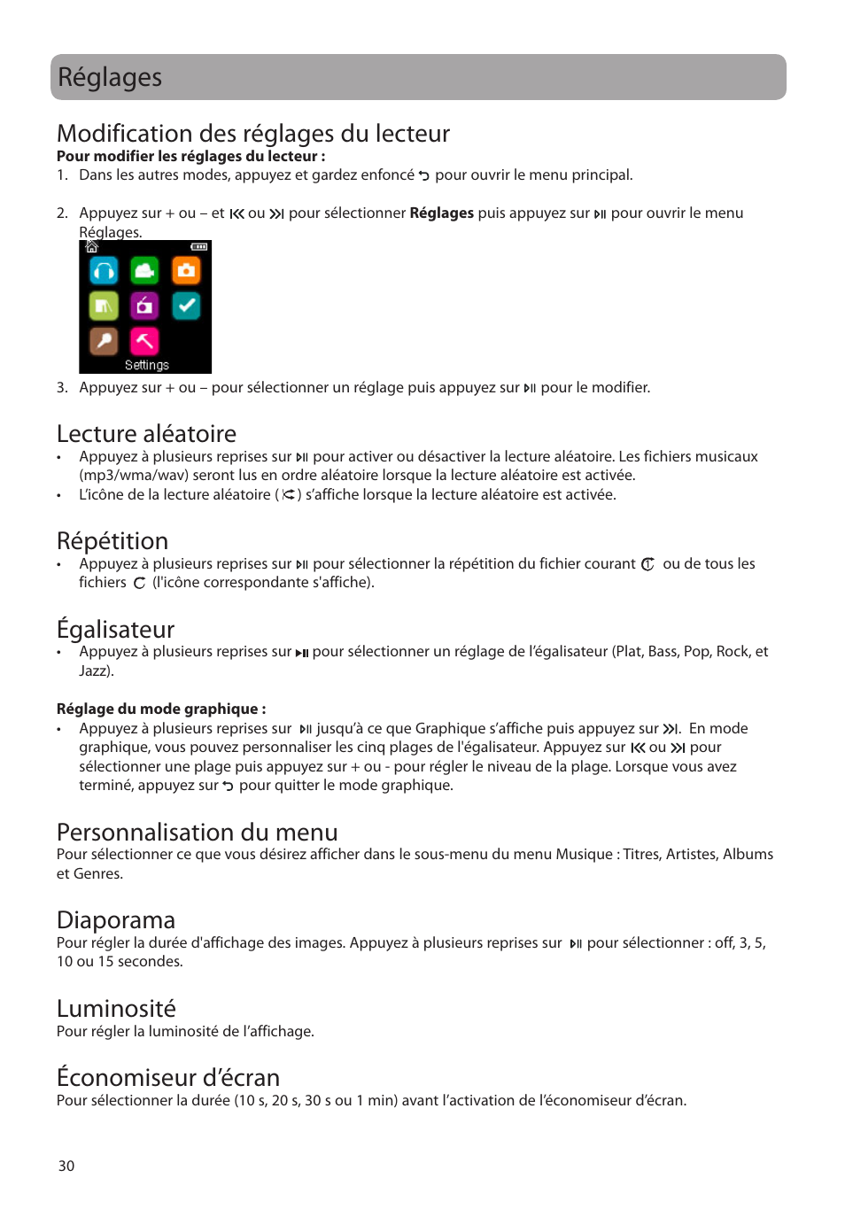 Réglages, Modification des réglages du lecteur, Lecture aléatoire | Répétition, Égalisateur, Personnalisation du menu, Diaporama, Luminosité, Économiseur d’écran | RCA M39 series User Manual | Page 108 / 116