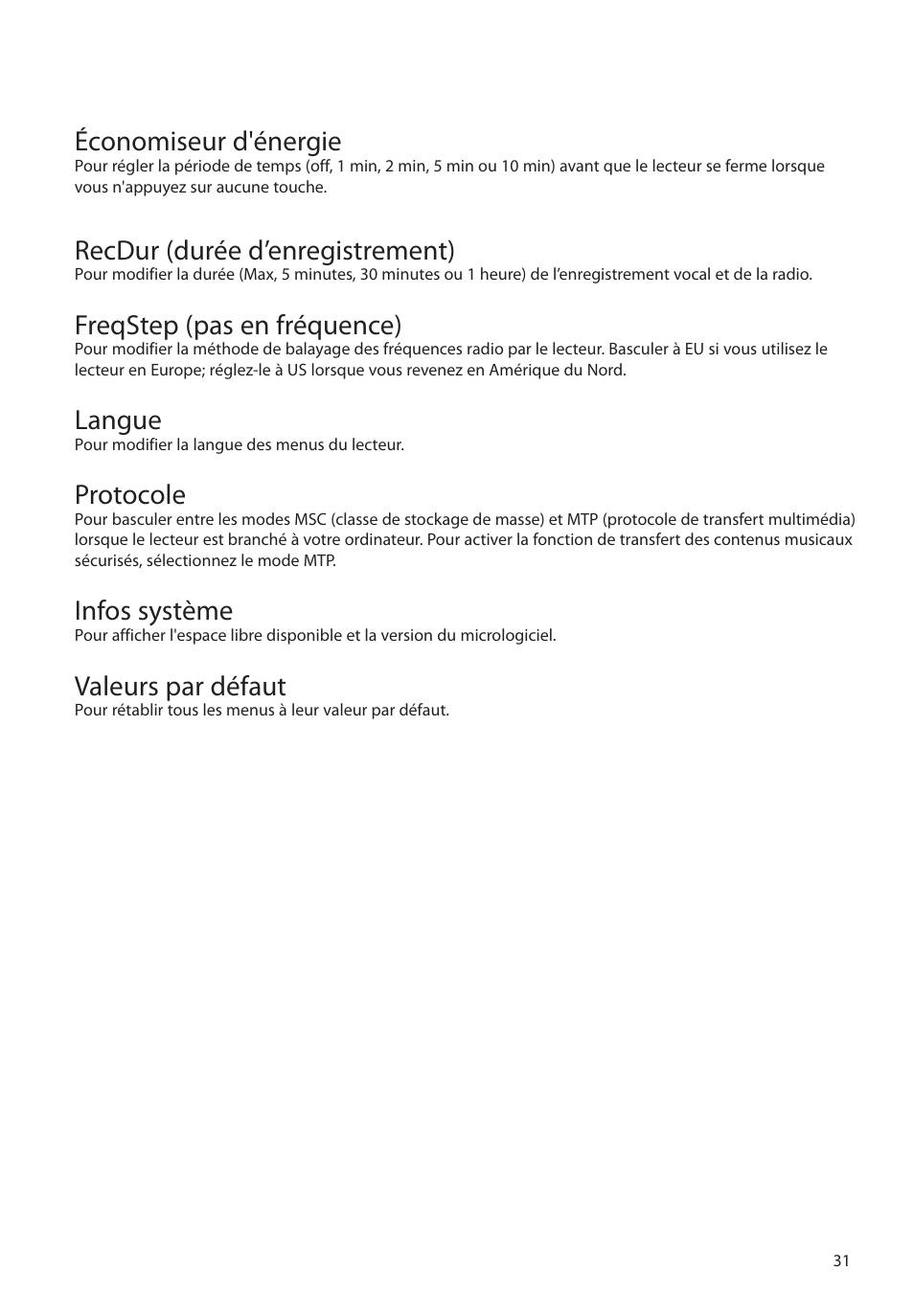 Économiseur d'énergie, Recdur (durée d’enregistrement), Freqstep (pas en fréquence) | Langue, Protocole, Infos système, Valeurs par défaut | RCA M39 series User Manual | Page 109 / 116