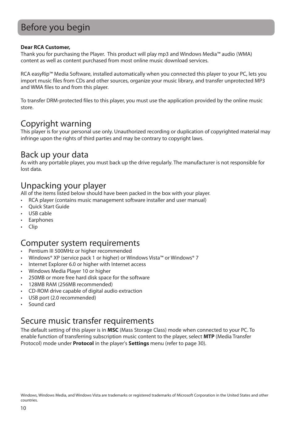 Before you begin, Copyright warning, Back up your data | Unpacking your player, Computer system requirements, Secure music transfer requirements | RCA M39 series User Manual | Page 11 / 116