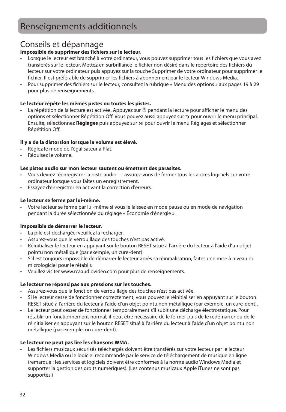 Renseignements additionnels, Conseils et dépannage | RCA M39 series User Manual | Page 110 / 116