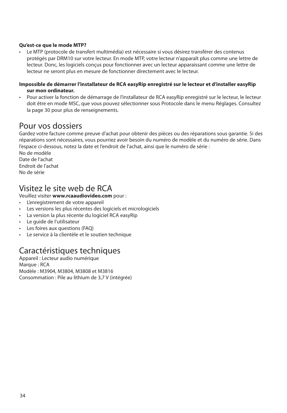 Pour vos dossiers, Visitez le site web de rca, Caractéristiques techniques | RCA M39 series User Manual | Page 112 / 116