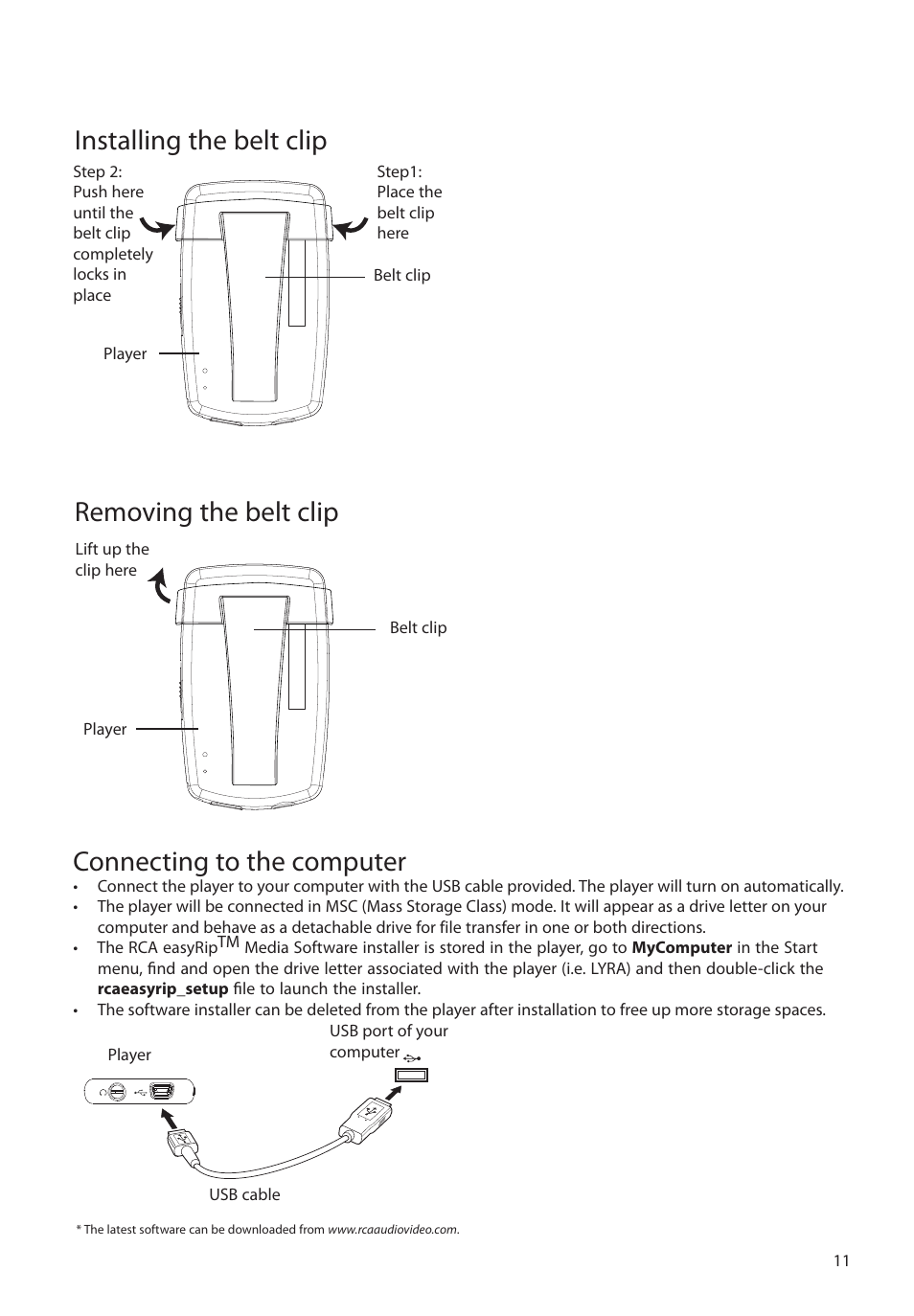 Installing the belt clip, Removing the belt clip, Connecting to the computer | Installing the belt clip removing the belt clip | RCA M39 series User Manual | Page 12 / 116