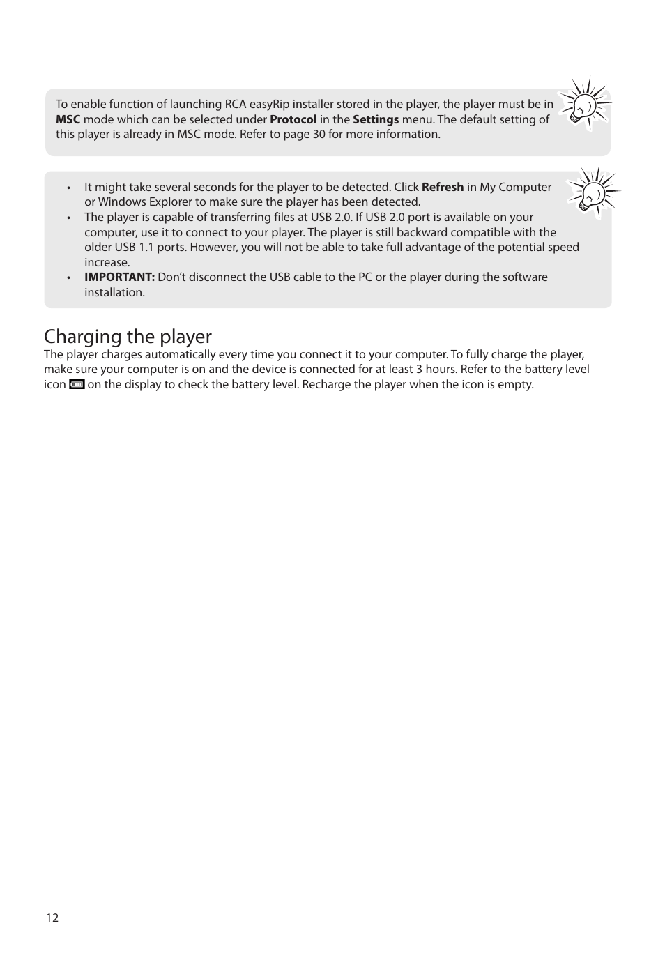 Charging the player | RCA M39 series User Manual | Page 13 / 116