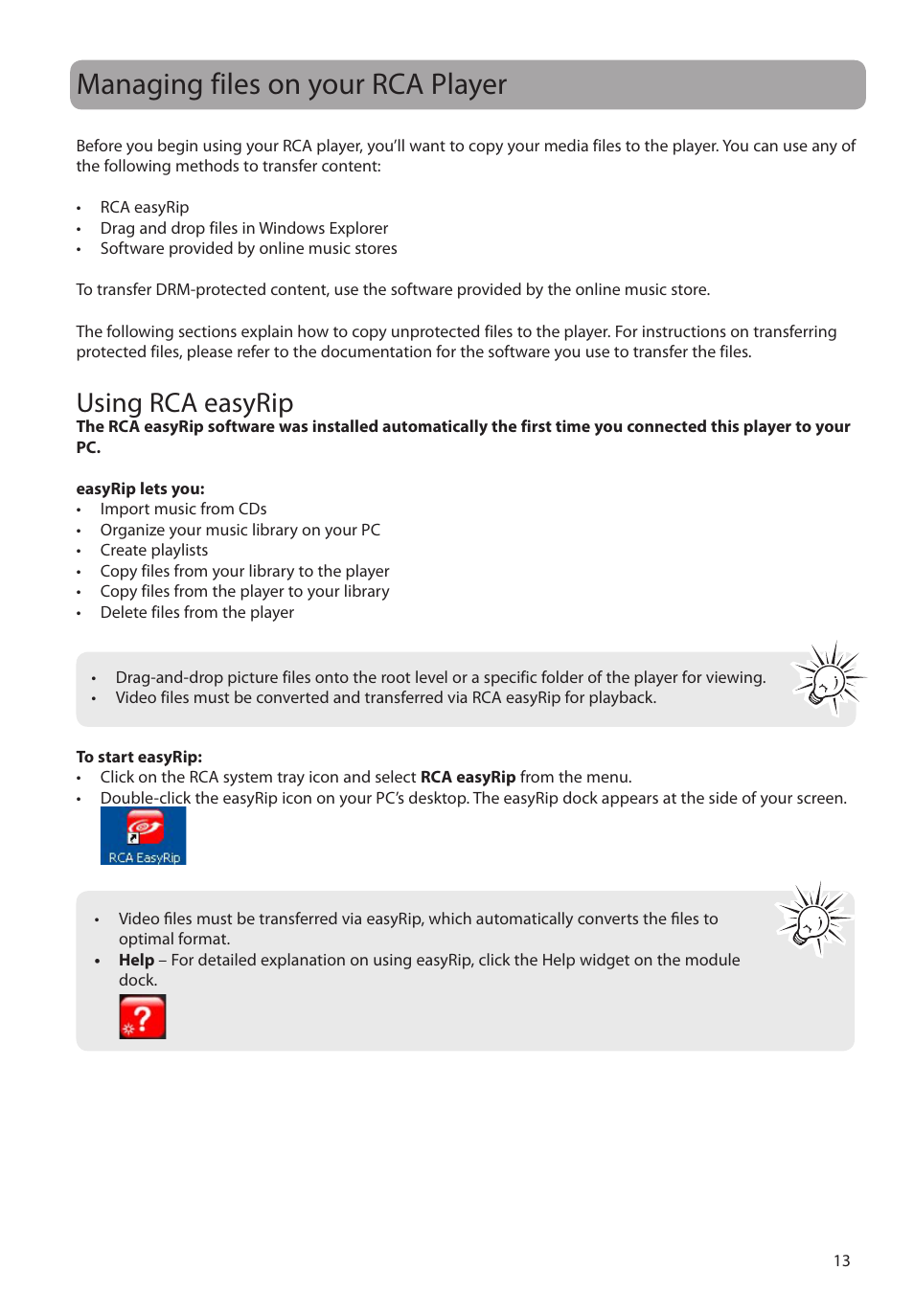 Managing files on your rca player, Using rca easyrip | RCA M39 series User Manual | Page 14 / 116