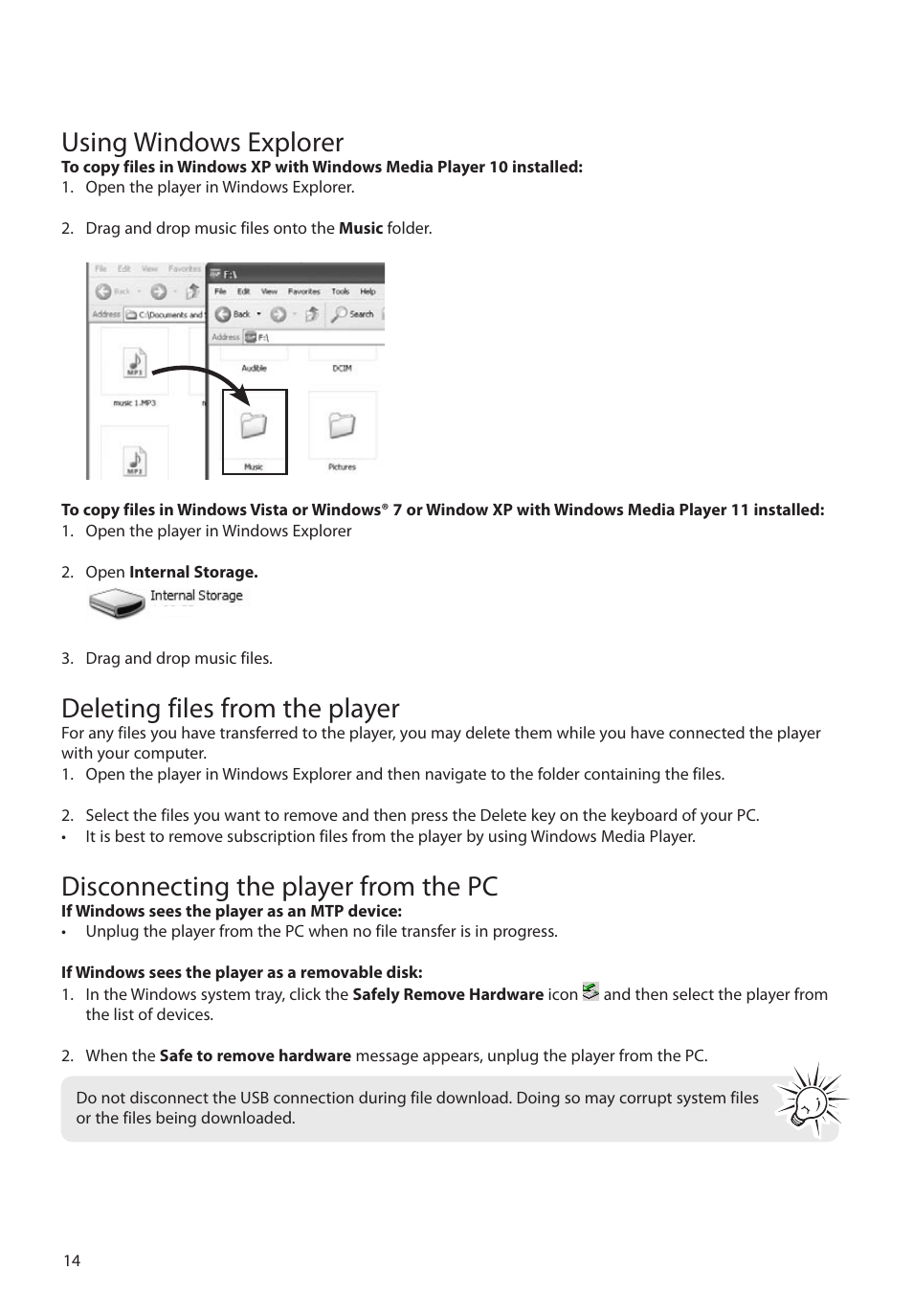 Using windows explorer, Deleting files from the player, Disconnecting the player from the pc | RCA M39 series User Manual | Page 15 / 116