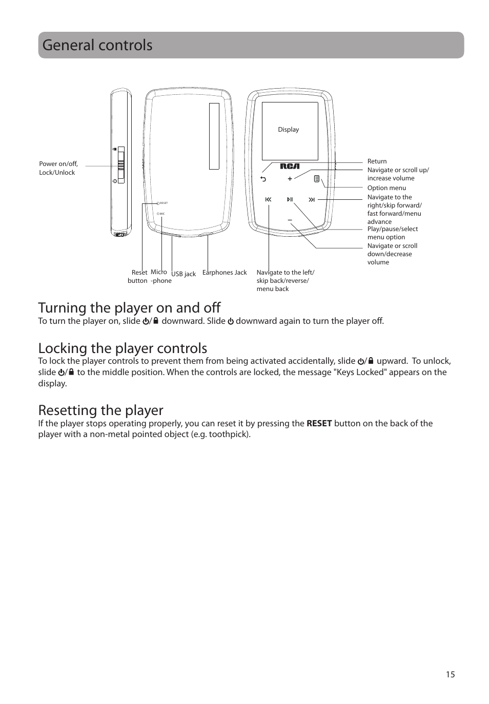 General controls, Turning the player on and off, Locking the player controls | Resetting the player | RCA M39 series User Manual | Page 16 / 116