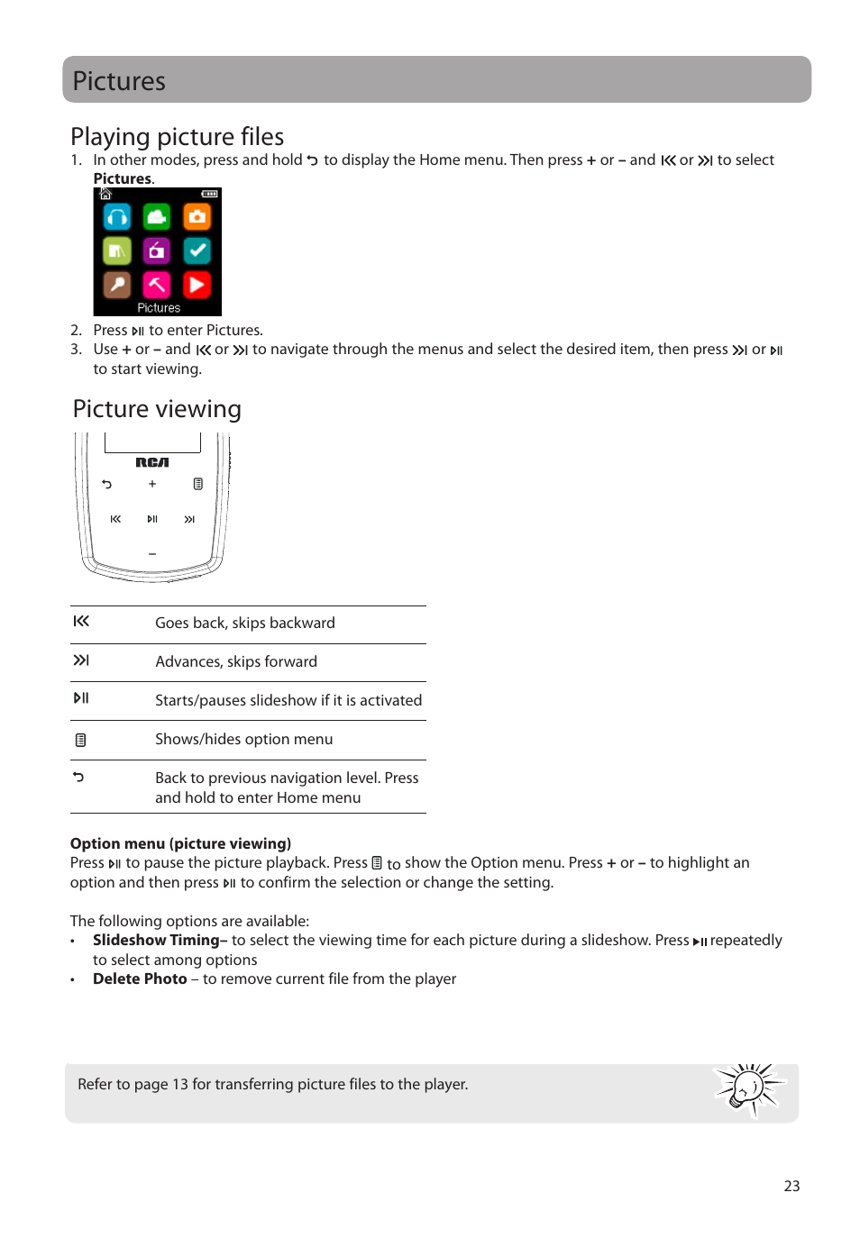 Pictures, Playing picture files, Picture viewing | RCA M39 series User Manual | Page 24 / 116