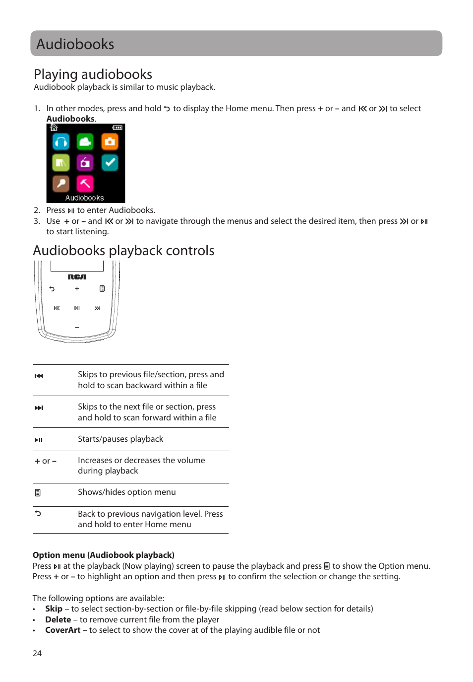 Audiobooks, Playing audiobooks, Audiobooks playback controls | Audiobooks playback controls playing audiobooks | RCA M39 series User Manual | Page 25 / 116