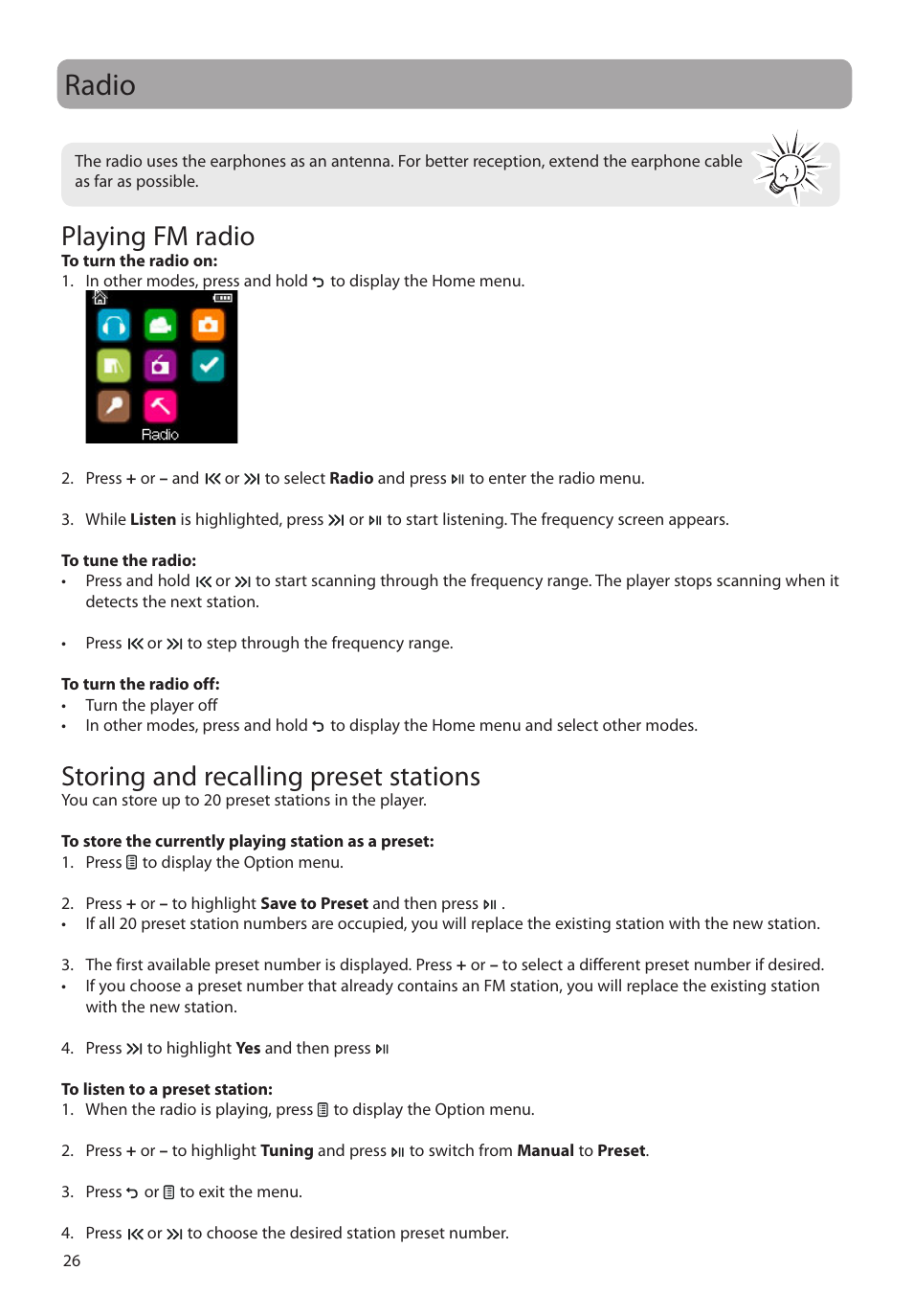 Radio, Playing fm radio, Storing and recalling preset stations | RCA M39 series User Manual | Page 27 / 116