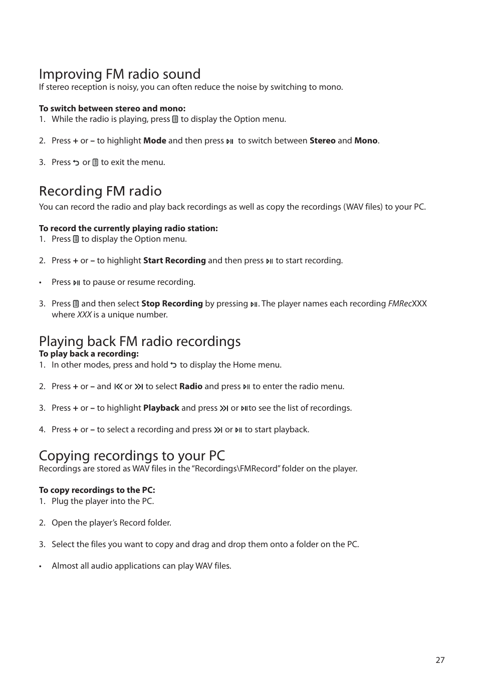 Improving fm radio sound, Recording fm radio, Playing back fm radio recordings | Copying recordings to your pc | RCA M39 series User Manual | Page 28 / 116