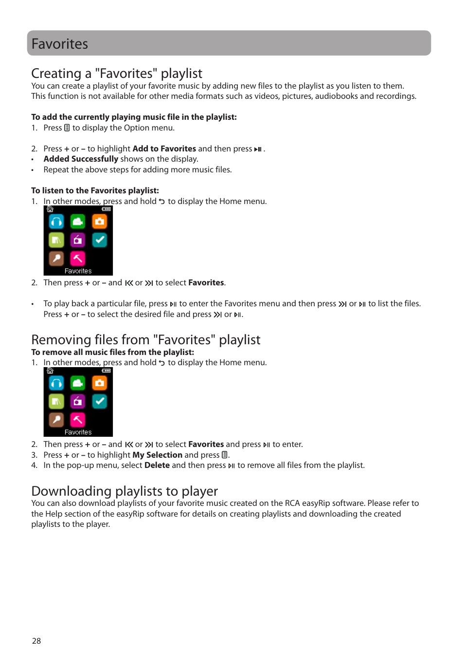 Favorites, Creating a "favorites" playlist, Removing files from "favorites" playlist | Downloading playlists to player | RCA M39 series User Manual | Page 29 / 116