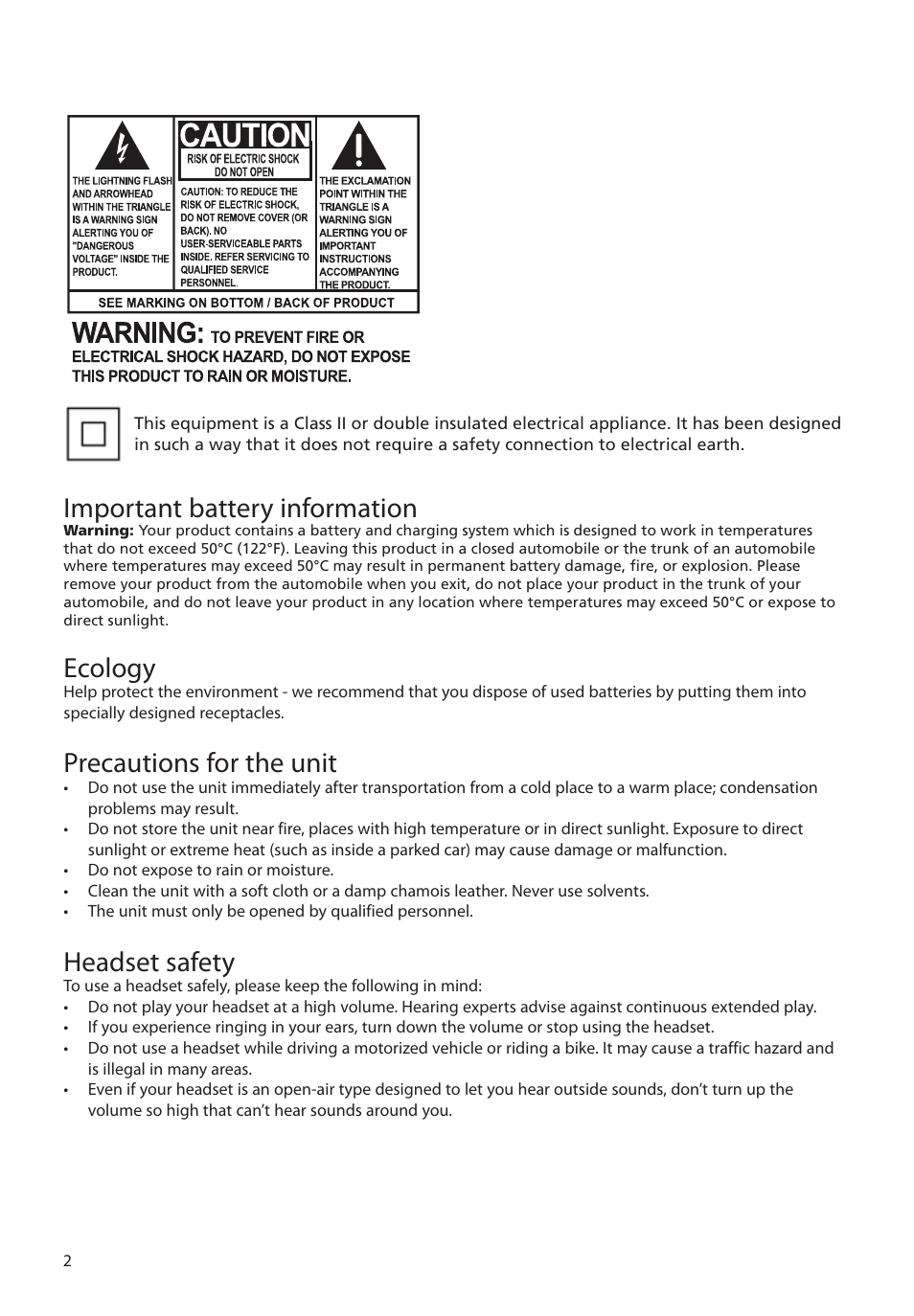 Important battery information, Ecology, Precautions for the unit | Headset safety | RCA M39 series User Manual | Page 3 / 116