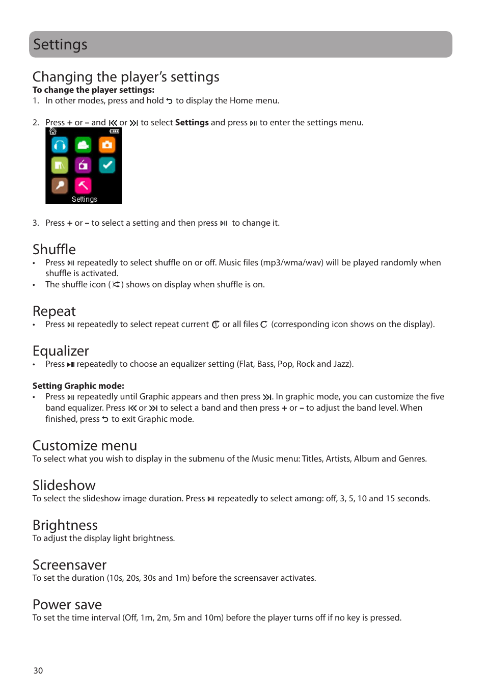 Settings, Changing the player’s settings, Shuffle | Repeat, Equalizer, Customize menu, Slideshow, Brightness, Screensaver, Power save | RCA M39 series User Manual | Page 31 / 116