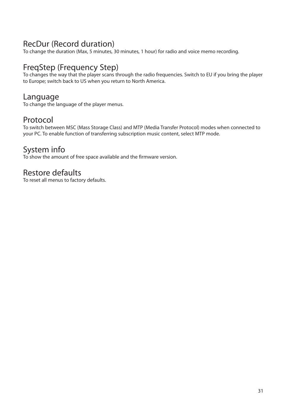 Recdur (record duration), Freqstep (frequency step), Language | Protocol, System info, Restore defaults | RCA M39 series User Manual | Page 32 / 116