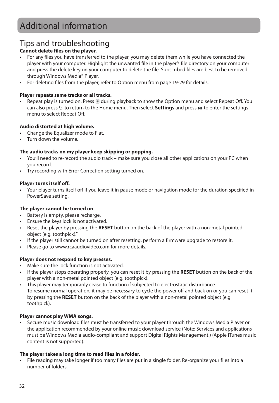 Additional information, Tips and troubleshooting | RCA M39 series User Manual | Page 33 / 116