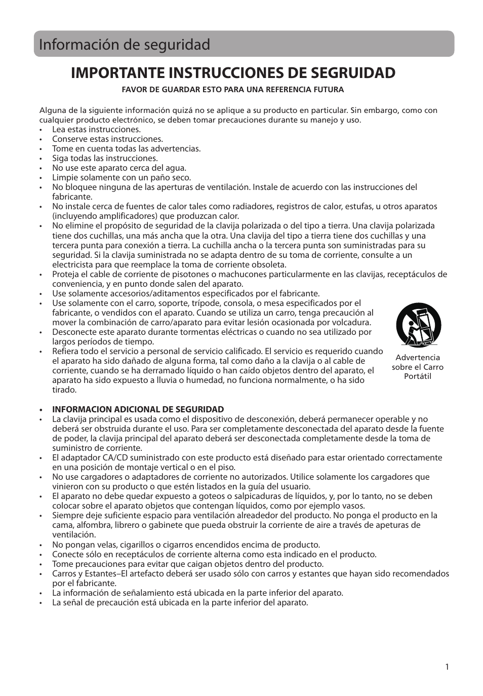 Información de seguridad, Importante instrucciones de segruidad | RCA M39 series User Manual | Page 40 / 116