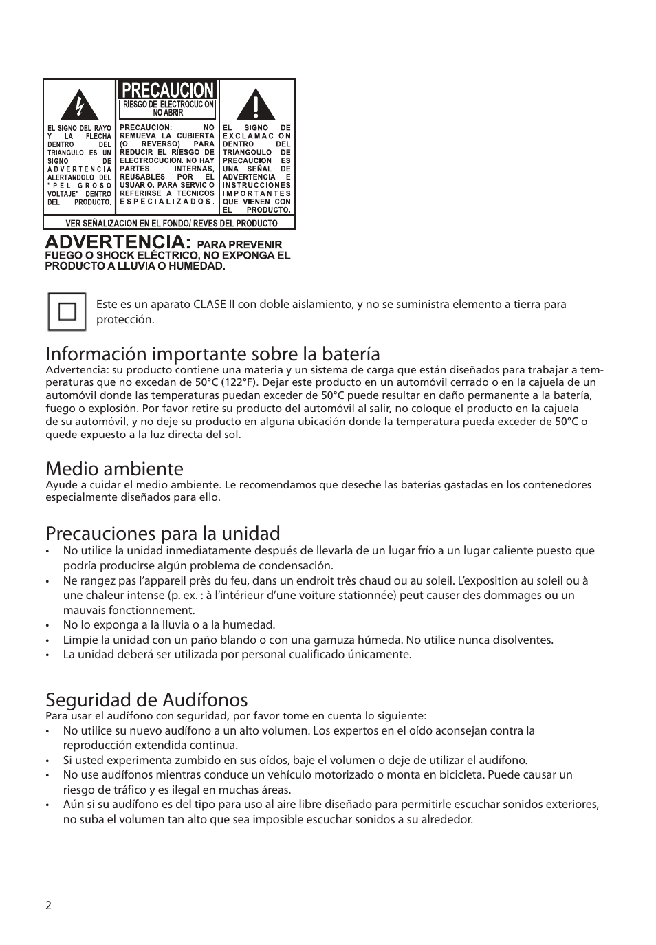 Información importante sobre la batería, Medio ambiente, Precauciones para la unidad | Seguridad de audífonos | RCA M39 series User Manual | Page 41 / 116