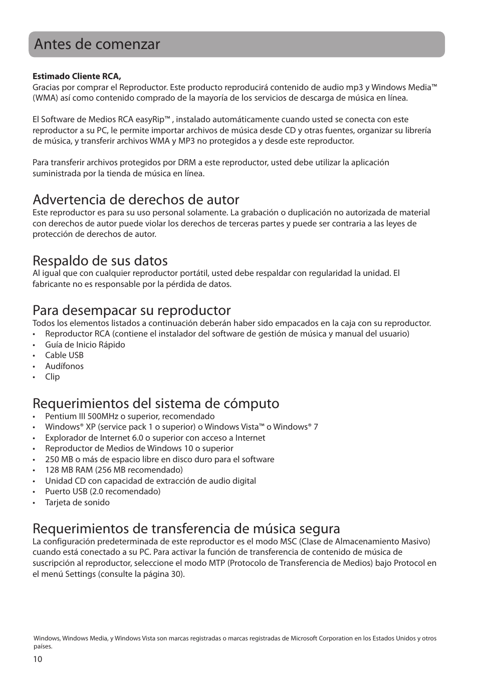 Antes de comenzar, Advertencia de derechos de autor, Respaldo de sus datos | Para desempacar su reproductor, Requerimientos del sistema de cómputo, Requerimientos de transferencia de música segura | RCA M39 series User Manual | Page 49 / 116